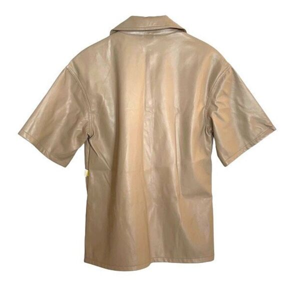 Topshop Womens Short Sleeve Faux Leather Oversized Button-up Shirt Tan Beige 4 N - Picture 4 of 7
